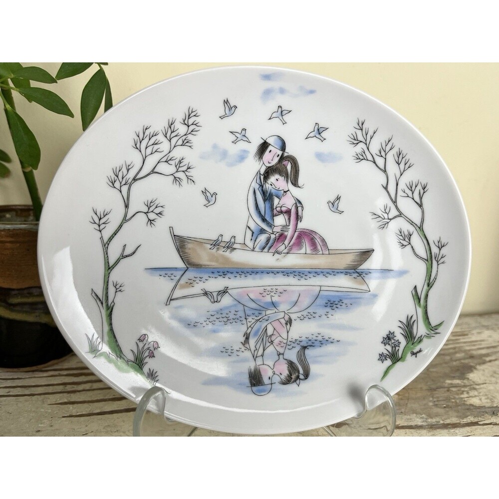 Raymond Peynet Rosenthal Oval Plate ‘Lovers In A Boat’ Reflection Kissing 1960's